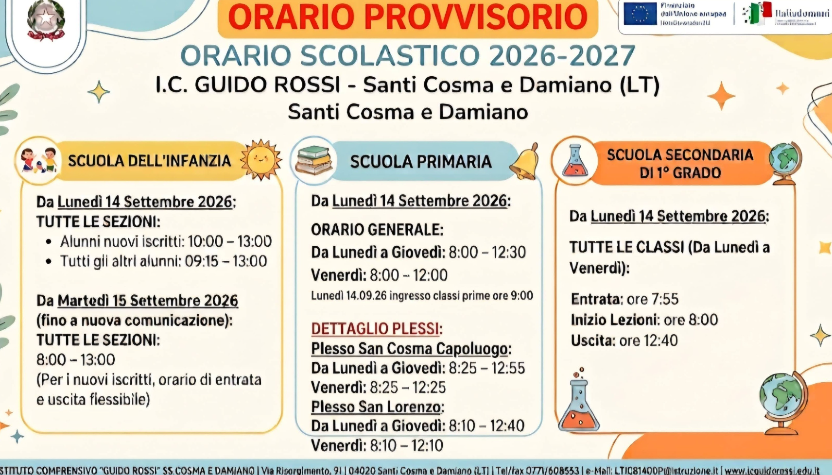 Orario provvisorio dei tre ordini di scuola